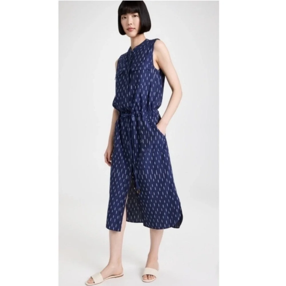 Faherty‎ Women XS Blue Ikat Print Sleeveless Linen Midi Dress Drawstring Waist - Picture 2 of 16
